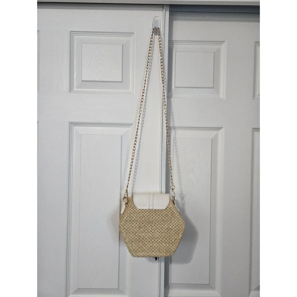 Woven Straw Hexagon Crossbody Bag White Faux Leather Flap Gold Tassel Chain